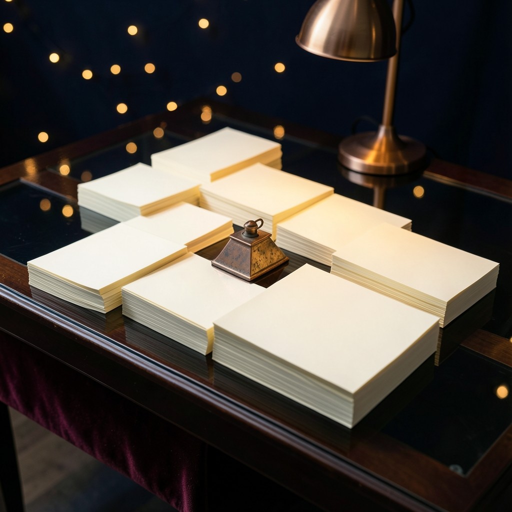 Twelve stacks of ivory paper arranged on a lacquered desk beside a copper paperweight