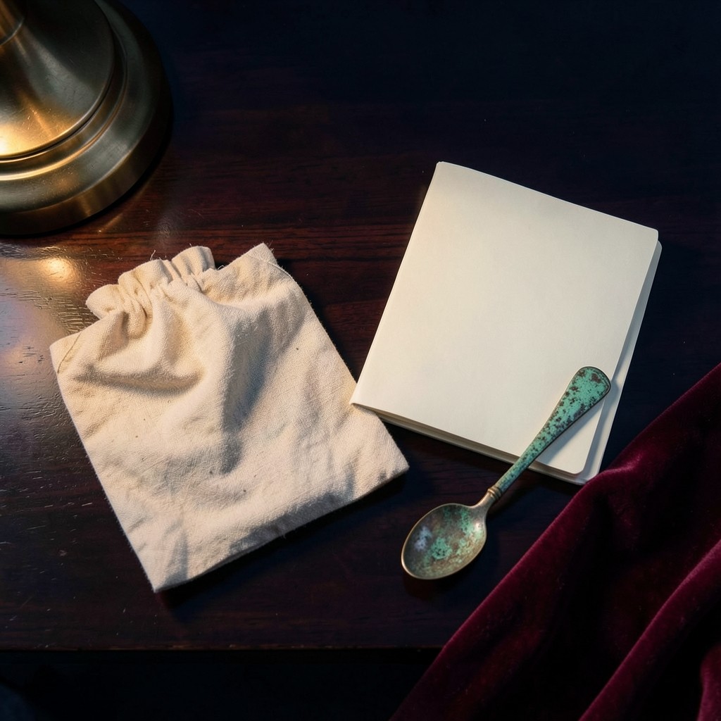 Two envelopes, one cloth and one paper, beside a household notebook on dark wood