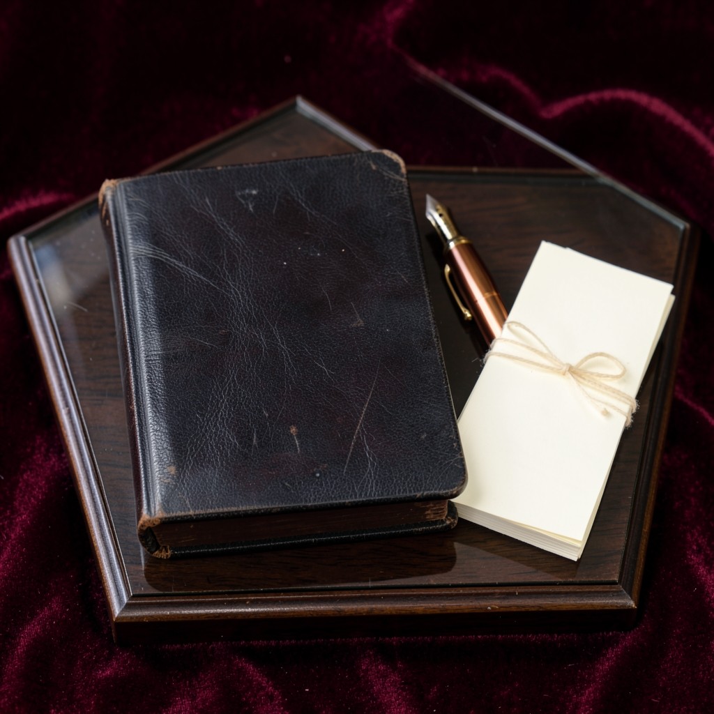 A closed passbook, a fountain pen, and a bundle of receipts tied with cotton tape