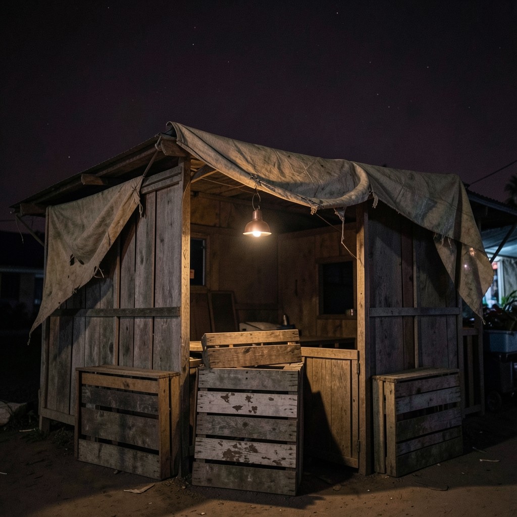 A quiet market stall closed for the evening with crates stacked under a warm lamp