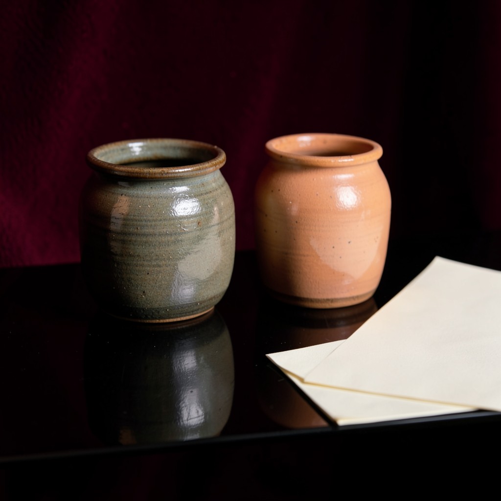 Two small ceramic jars on a lacquered shelf beside folded ivory paper