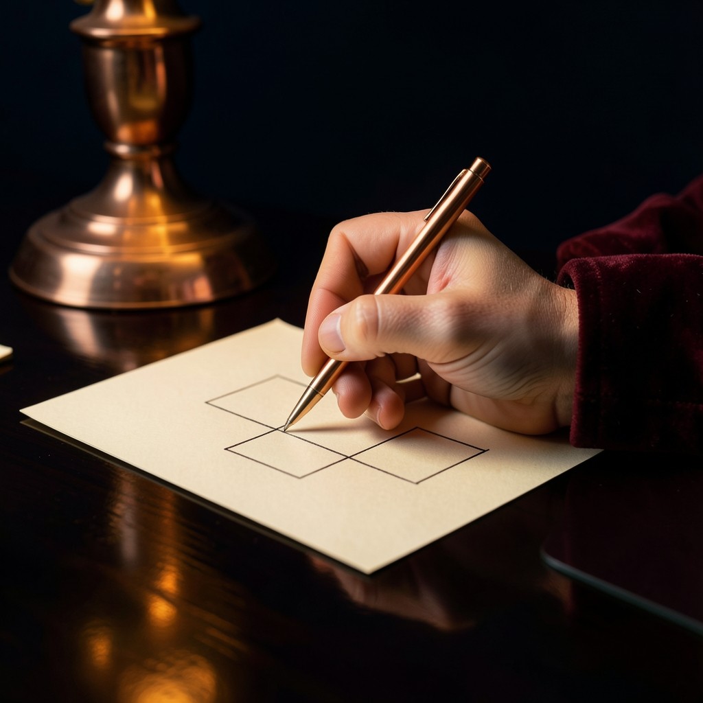 A hand sketching a monthly cash layout with a copper pen on cream paper