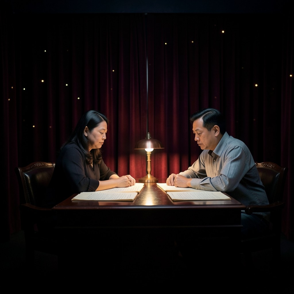 Two adults reviewing paper ledgers by copper lamplight in a dark wood room with burgundy velvet curtains