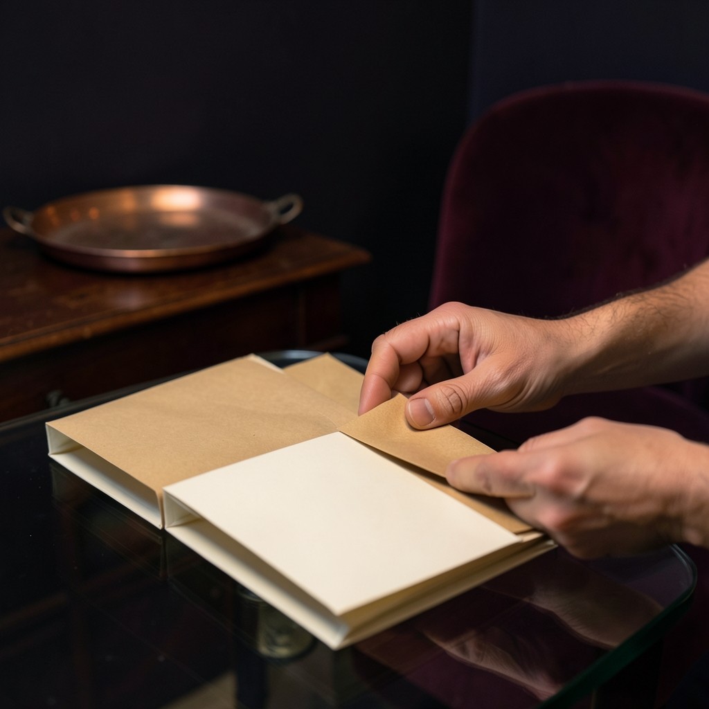 Hands sorting receipt envelopes into folders on a smoked-glass table