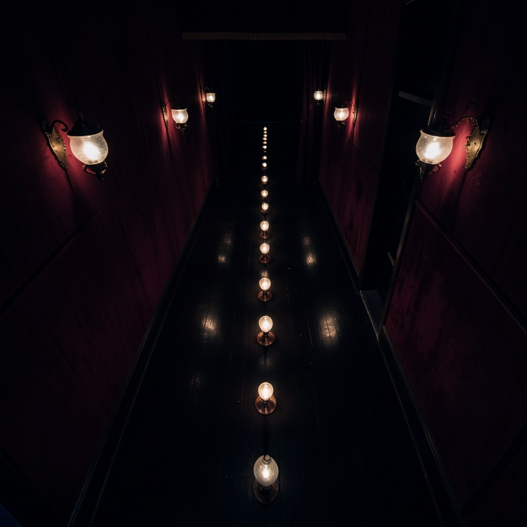 A dim theater corridor lined with a receding row of small copper lamps