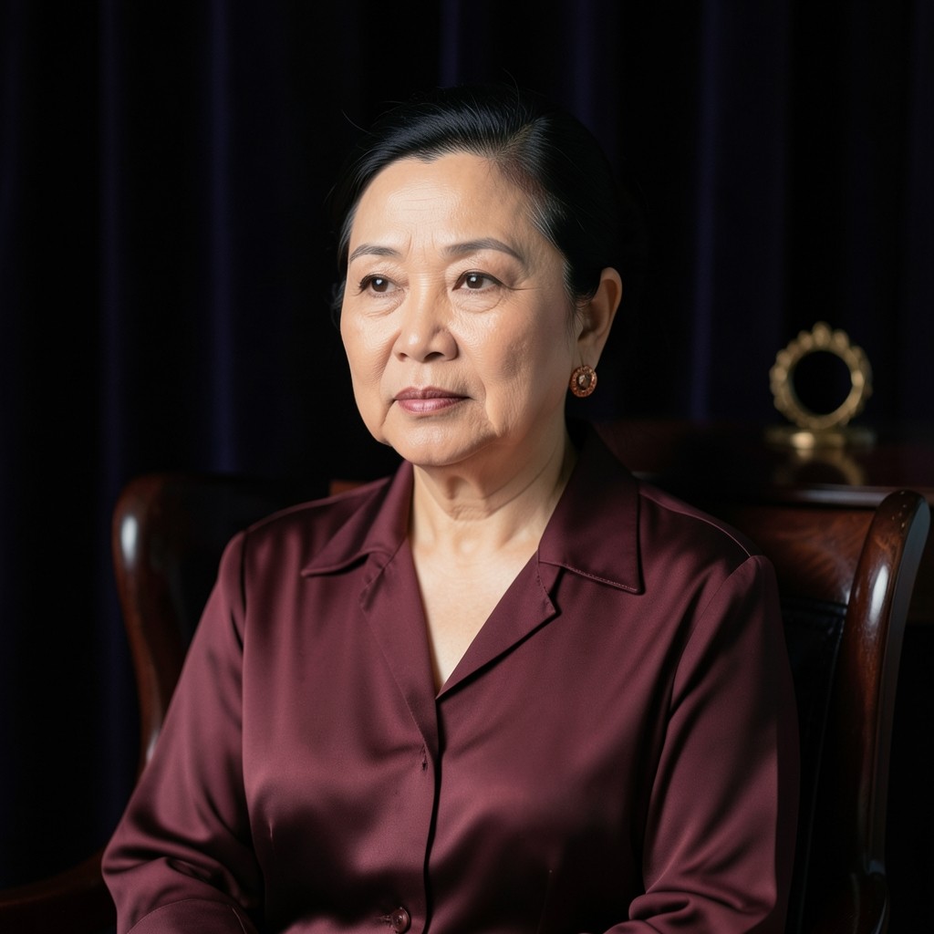 Portrait of a woman in a burgundy silk blouse seated against a dark velvet curtain