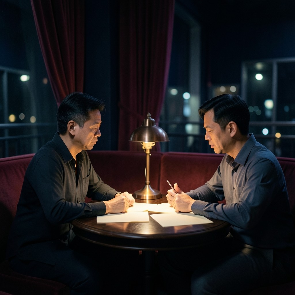 Two adults at a round table with paper cash sheets under a copper lamp
