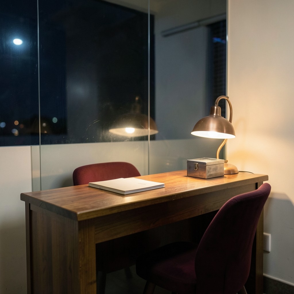 An empty clinic reception desk after hours with a closed appointment book and a cash box